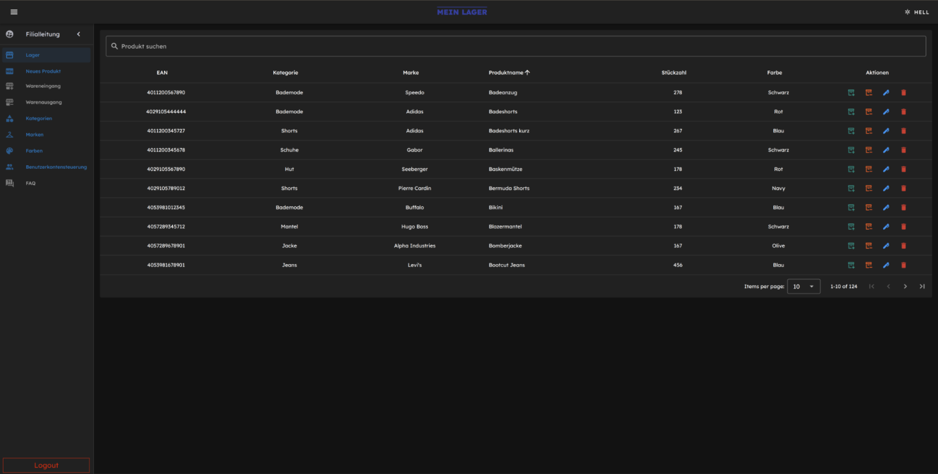 Dark - Warenverwaltung Dark Theme.
Schicke Tabelle mit CRUD-Buttons und Produktdaten